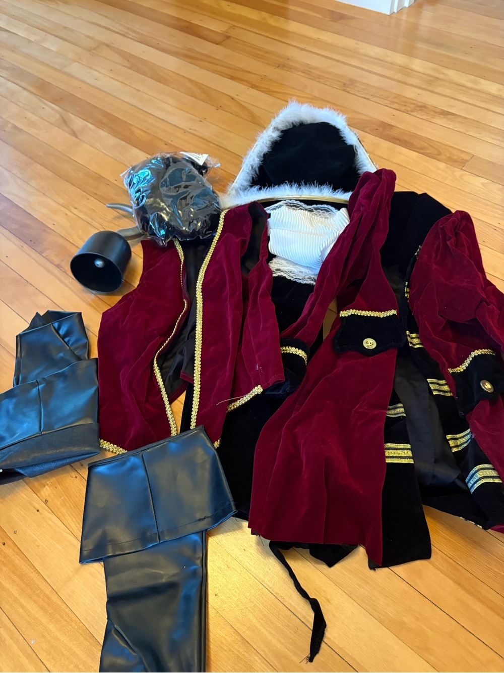 Kids' Velvet Hooded Coat with Gold Trim - Burgundy/Black
